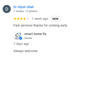 Customer review for Smart Home Fix appliance repair in Islamabad.