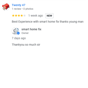 5-star Google customer review for Smart Home Fix appliance repair in Islamabad